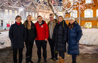 PROTEST I NORD: Fra venstre; Henrik Gaup (Akademikerne), Maika Soleng (Fagforbundet/LO), Torleif Nordbakk (LO), Erling Mickal Solvang (Delta/YS), Kathrine Aursand (UDF/UNIO) og Linda Therese Norrie (NSF/UNIO). Foto: UNIO
