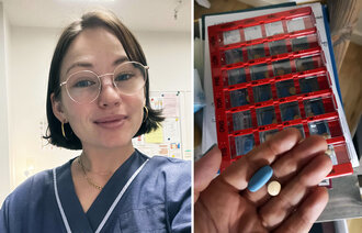 Bildet viser sykepleieren Alexandra og hiv-medisiner.