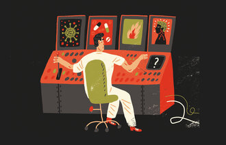 Illustrasjonen viser en sykepleier i et kontrollrom med flere skjermer.