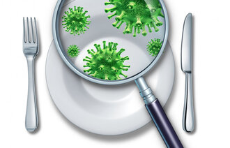 Illustrasjonen viser et forstørrelsesglass over en tallerken, og det ses mikrober.