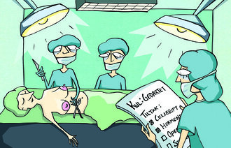 Illustrasjonen viser kirurger ved et operasjonsbord, der det ligger en kvinne som tydeligvis får fjernet en kul fra et bryst.