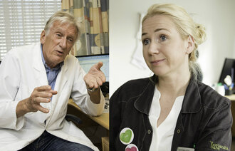 Bildetmontasjen viser lege Lorenz Nitter til venstre og daglig leder ved Orkerød sykehjem, Sissel Ruud-Hansen.