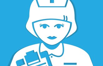 Blå illustrasjon av sykepleier med rapporteringsskjema