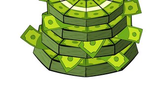 Illustrasjonen viser en kake som er laget av grønne pengesedler.