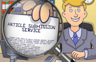 Illustrasjon av en mann på kontor som holder opp en artikkel som ses gjennom et forstørrelsesglass. Teksten på artikkelen lyder: "Article Submission Service".