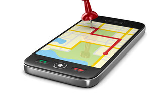 Bildet viser GPS-sporing, kart, mobiltelefon.