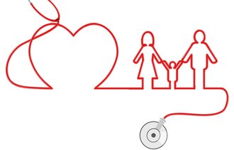 Illustrasjonen viser et hjerteformet stetoskop rundt en familie.