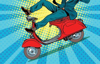 Illustrasjon av mann som kjører scooter og som er i ferd med å falle av.
