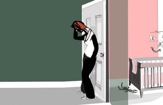 Illustrasjonen viser en deprimert mor som står utenfor barnerommet.