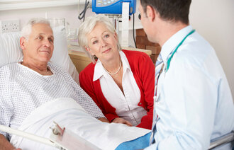 Bildet viser en eldre mann som ligger i senga på sykehuset. Kona sitter ved siden av, og legen er på visitt.