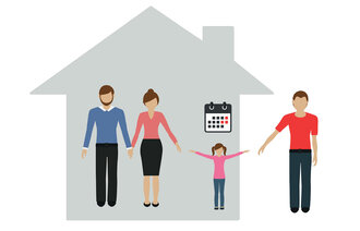 Illustrasjonen viser familiestrukturen etter en skilsmisse, der mor, ny kjæreste og barn holder hender i et hus, mens faren står alene utenfor. På veggen over barnet henger en kalender.