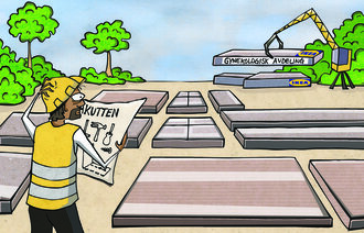 Illustrasjonen viser en mann som bygger sykehus av flatpakker.