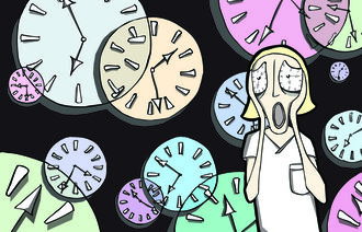 Illustrasjonen viser en sykepleier som ser angstfylt ut, mens hun er omgitt av klokker.