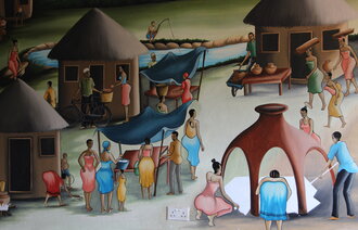 Illustrasjonen viser hverdagslivet i en landsby i Tanzania, malt av Jonathan Mhando
