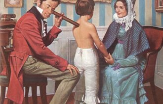 Illustrasjonsmaleri av Robert A. Thom som viser Laënnec bruke sitt stetoskop på et barn.
