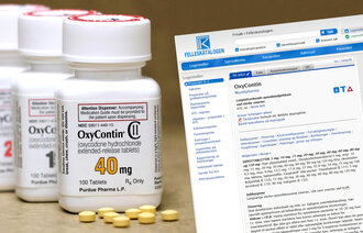 Collagen viser bilder av OxyContin-tabletter og -bokser + et utsnitt av Felleskatalogen