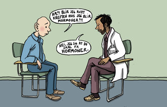 Illustrasjonen viser en kreftsyk som sier følgende til legen: "Hæ, blir jeg kvitt kreften hvis jeg blir mormoner?!!". Legen svarer: "Nei, jeg sa at du skal få hormoner."