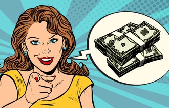 Illustrasjonen viser en kvinne som peker og en snakkeboble med pengesedler  i tegneseriestil.