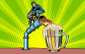 Bildet viser mann som tapper øl, i tegneseriestil