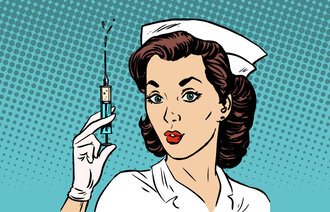 Bildet viser sykepleier med vaksinesprøyte, i tegneseriestil.