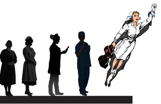 Illustrasjonen viser sykepleiere som går gjennom en utvikling à la Darwins utviklingslære, der siste trinn er en flygende superhelt-sykepleier.
