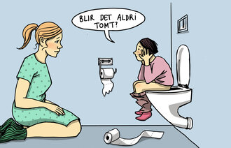 Illustrasjonen viser et barn som sitter på toalettet og sier til sin mor: "Blir det aldri tomt?"