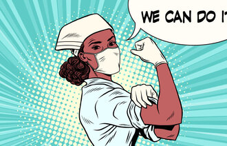 Bildet viser en sykepleier i tegneserie-stil.