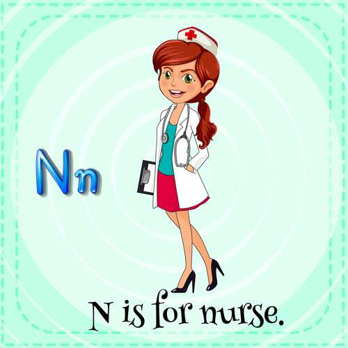 Illustrasjonen viser en sykepleier og bokstaven n.