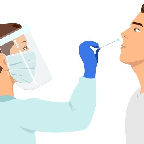Illustrasjonen viser en helsearbeider som tar en koronatest fra nesen til en mann.