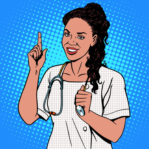 Illustrasjonen viser en sykepleier med stetoskop.