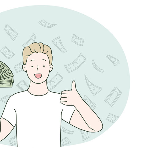 Illustrasjonen viser en ung gutt med mange pengesedler i hånden.