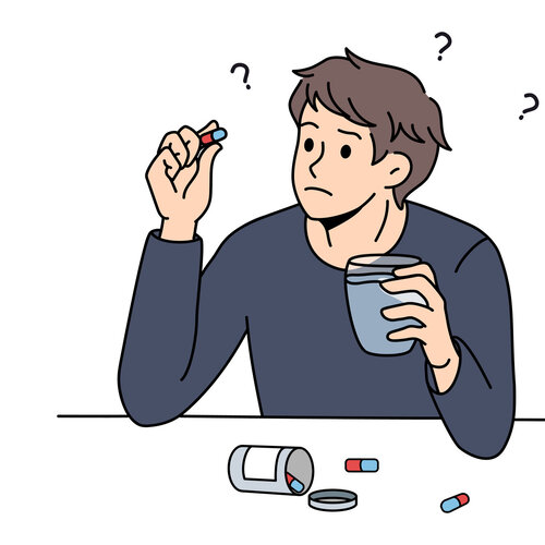 Illustrasjonen viser en ung mann som holder en pille i den ene hånden, et vannglass i den andre, og har mange spørsmålstegn rundt hodet.