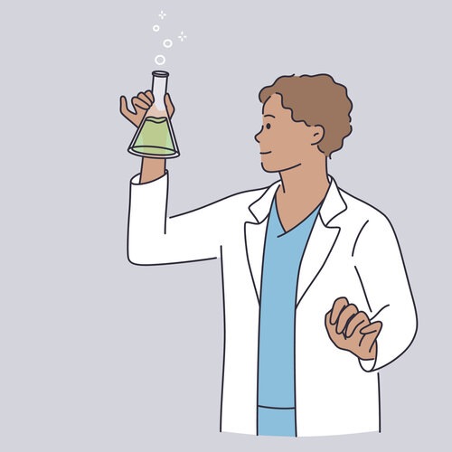 Illustrasjonen viser en mannlig helsearbeider som holder en kolbe med grønn væske.