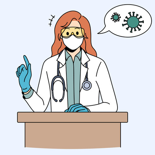 Illustrasjonen viser en helsearbeider som står og foreleser, og en snakkeboble med virus inni.