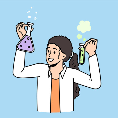 Illustrasjonen viser en helsearbeider som holder et reagensglass i hver hånd.