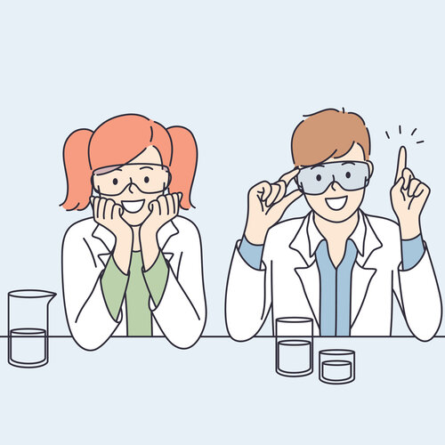 Illustrasjonen viser to mennesker i lab-frakker med lab-utstyr.