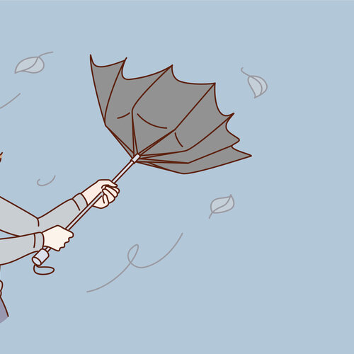 Illustrasjonen viser en mann med paraply i storm.