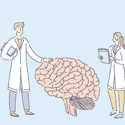 Illustrasjonen viser to helsearbeidere med en kjempestor hjerne.