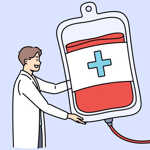 Illustrasjonen viser en helsearbeider og en blodpose.