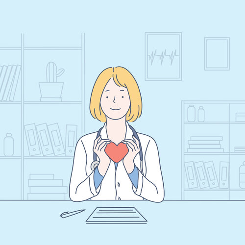 Illustrasjonen viser en kvinnelig helsearbeider med et hjerte.