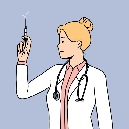 Illustrasjonen viser en kvinnelig helsearbeider med en sprøyte.