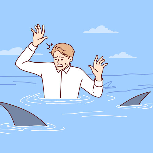 Illustrasjonen viser en mann i vann omgitt av haifinner.
