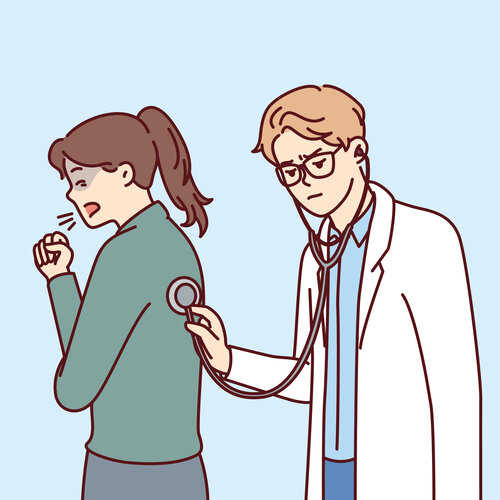 Illustrasjonen viser en lege som lytter på en pasient.