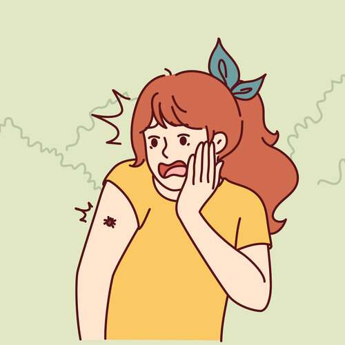 Illustrasjonen viser en jente med et insekt på armen.