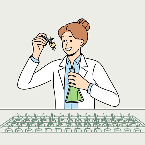 Illustrasjonen viser en labarbeider som forsker på planter.