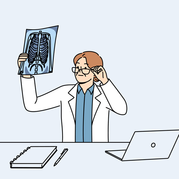 Illustrasjonen viser en lege som holder opp et røntgenbilde.