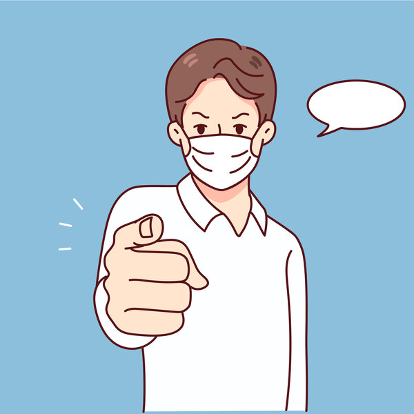 Illustrasjonen viser en mann med munnbind som peker.
