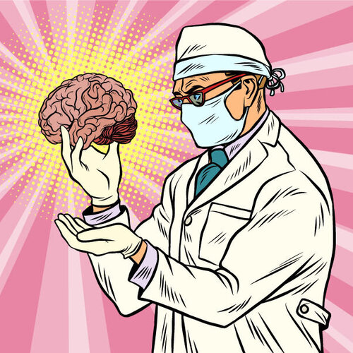 Bildet viser en lege med en hjerne i hånden, i tegneseriestil.