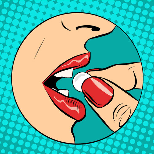 Illustrasjonen viser en kvinne som putter en pille i munnen.