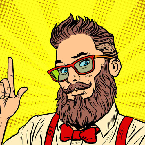 Bildet viser en hipster med bart og skjegg i tegneseriestil